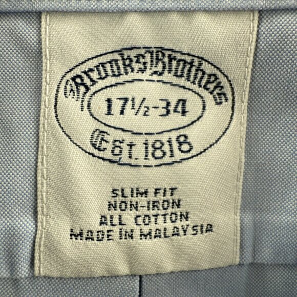Brooks Brothers Slim Blue Non-Iron Cotton 17.5 34 Button Up Shirt Men Adult - Picture 15 of 16